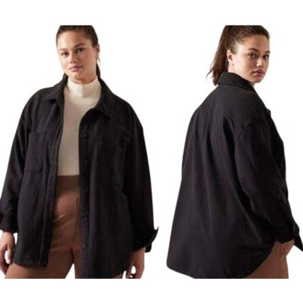 Athleta Retroplush Shirt Jacket Large Black Fleece Shacket Oversized Tunic
